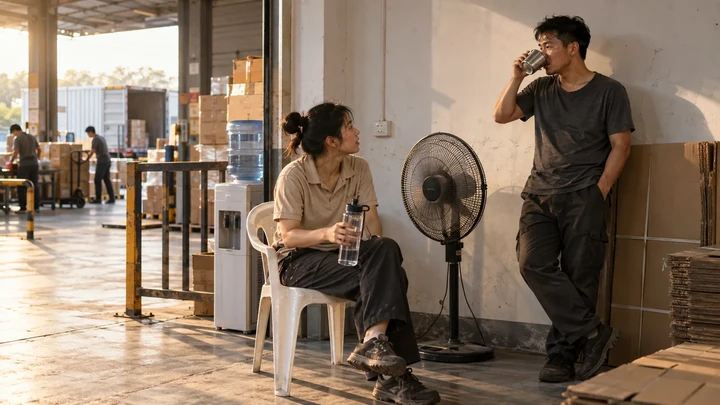 Illustrative scene: Water break beside the fan