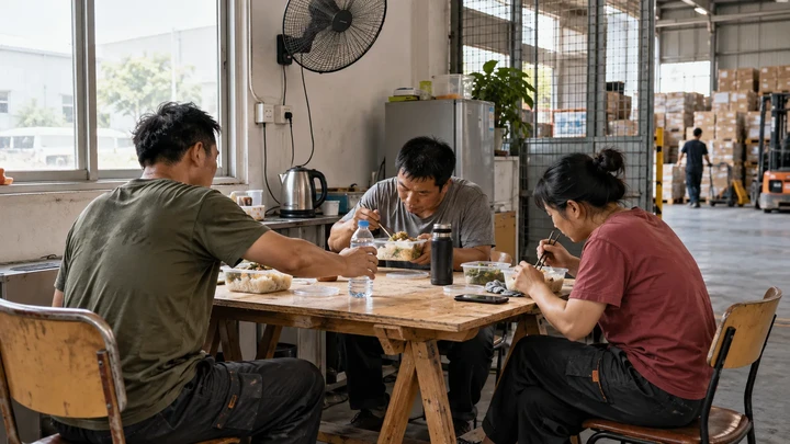 Illustrative scene: Workers share a simple takeaway lunch
