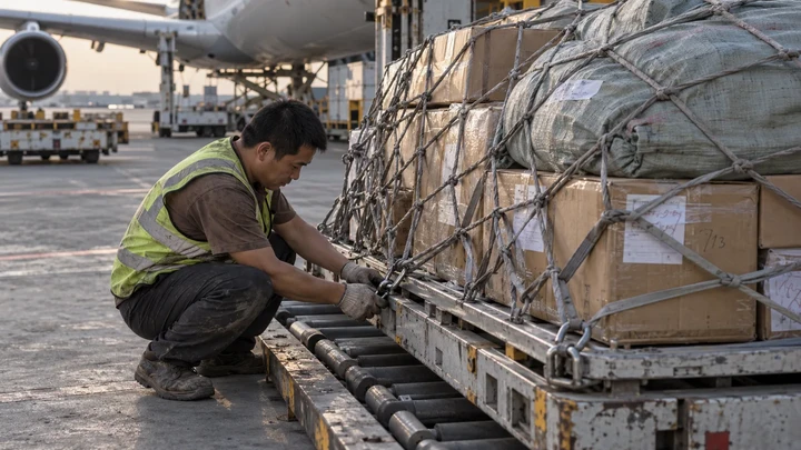 Illustrative scene: Securing an air-cargo pallet net